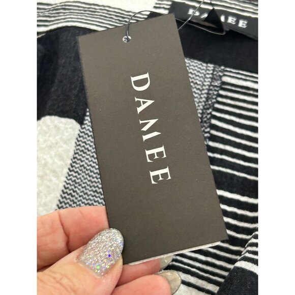 Damee Tunic Top XL Black White Checkered Mesh Inserts Collar Long Sleeve Button - Picture 8 of 16